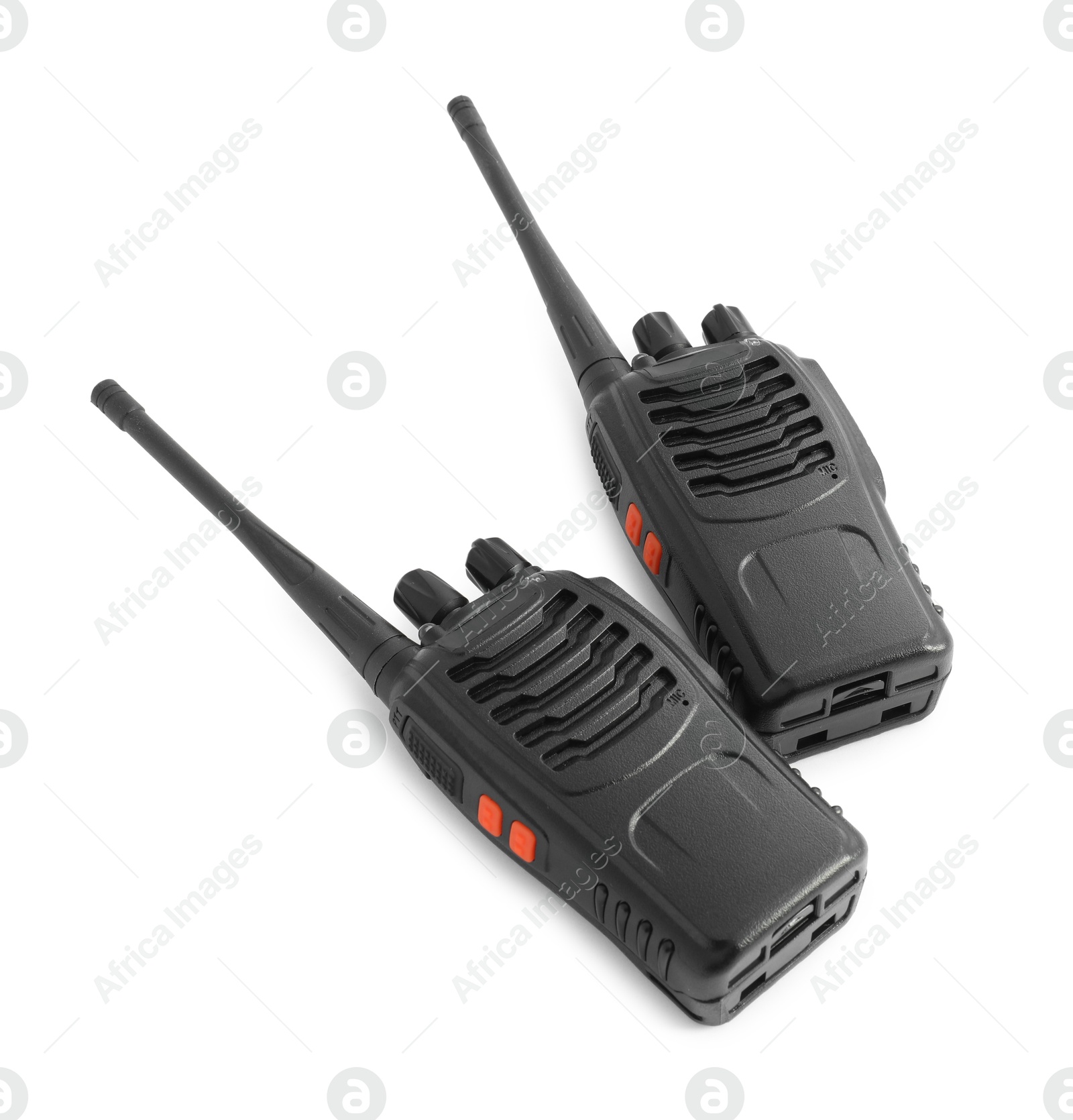 Two walkie talkies on white background, above view. Police equipment Photo of Two walkie talkies on white background, above view. Police equipment
