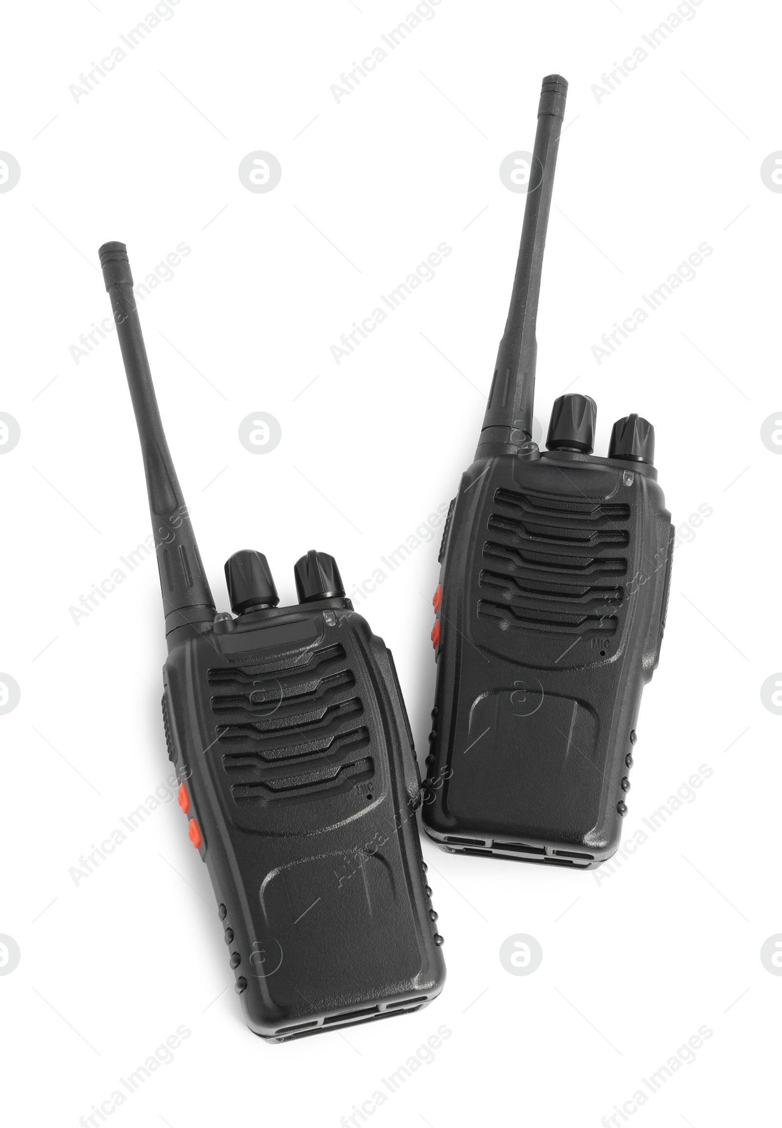 Two walkie talkies on white background, top view. Police equipment Photo of Two walkie talkies on white background, top view. Police equipment