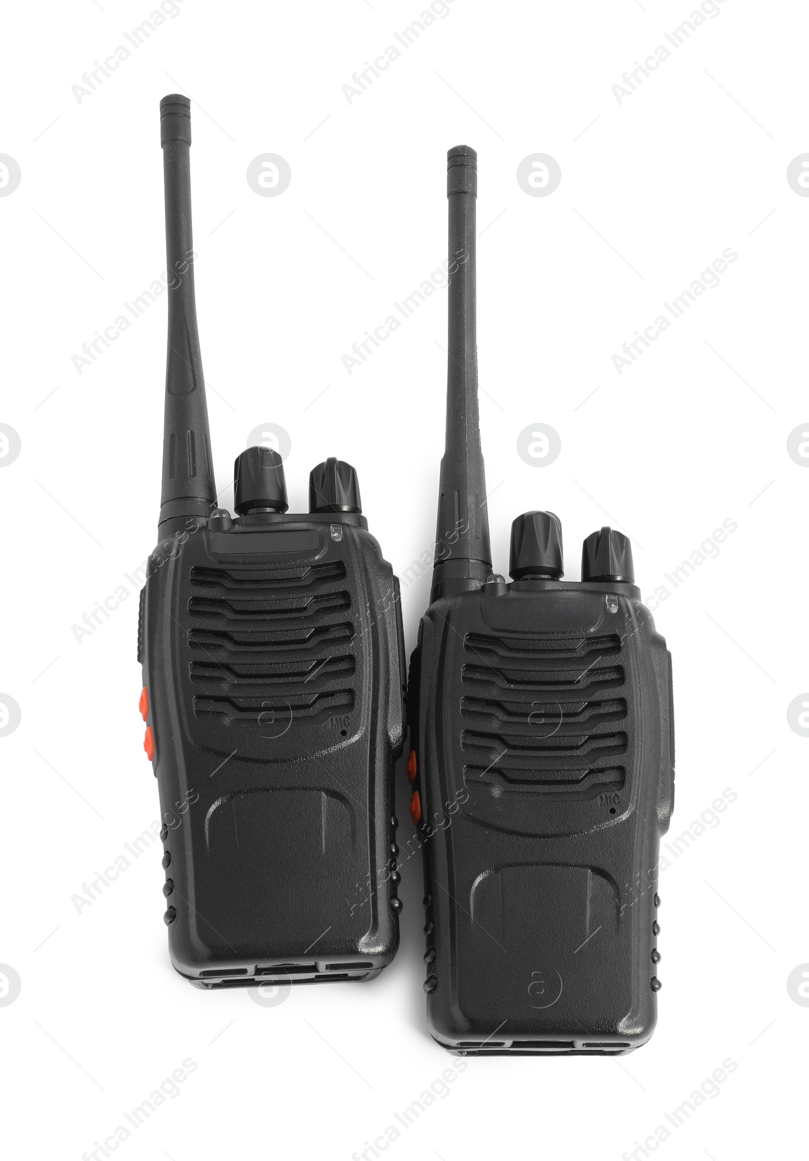 Two walkie talkies on white background, top view. Police equipment Photo of Two walkie talkies on white background, top view. Police equipment