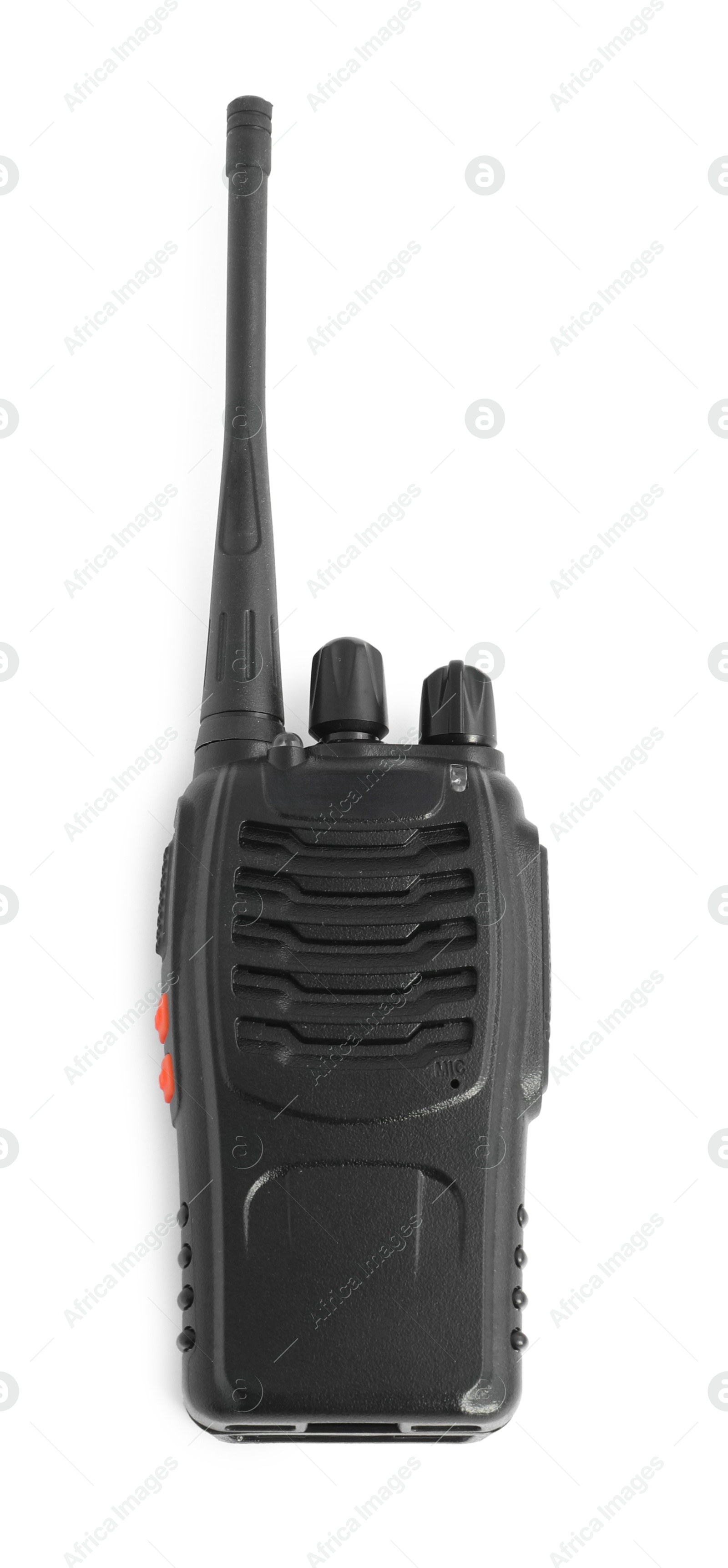 One walkie talkie on white background, top view. Police equipment Photo of One walkie talkie on white background, top view. Police equipment