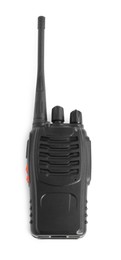 Photo of One walkie talkie on white background, top view. Police equipment
