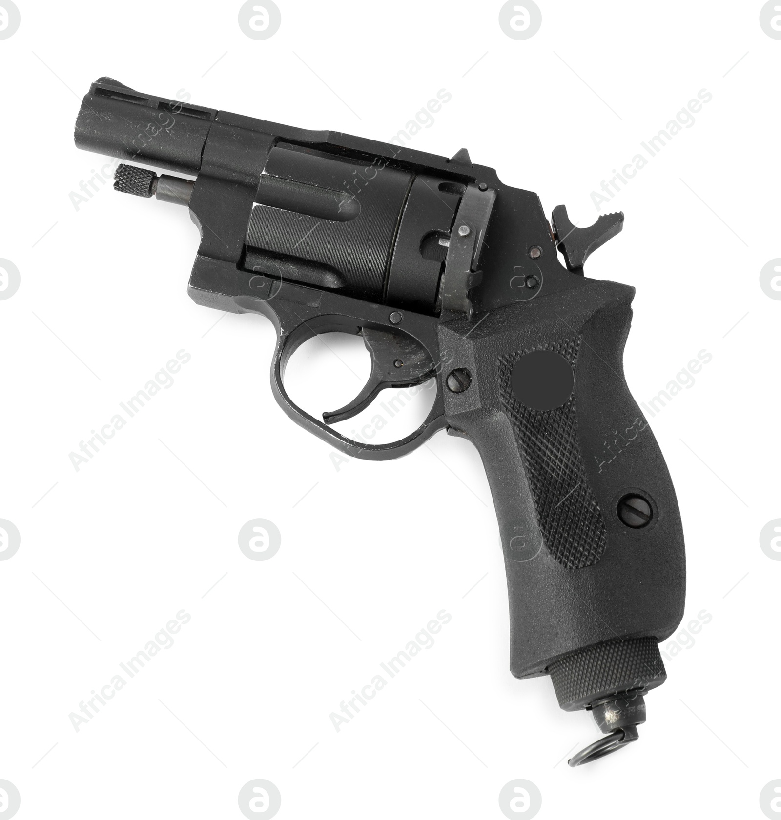 One black gun on white background, top view. Police equipment Photo of One black gun on white background, top view. Police equipment