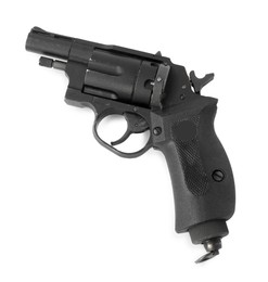 Photo of One black gun on white background, top view. Police equipment