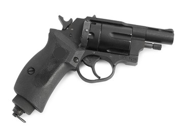Photo of One black gun on white background, top view. Police equipment