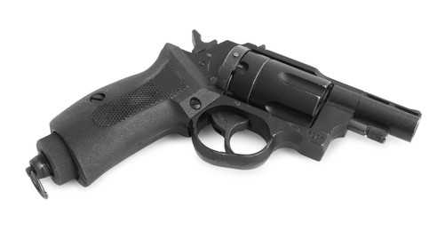 Photo of One black gun on white background, above view. Police equipment