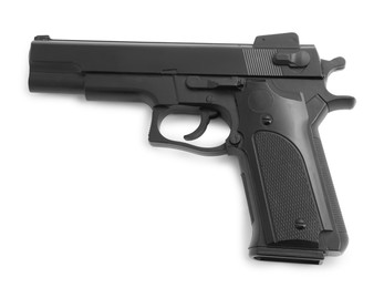Photo of One black gun on white background, above view. Police equipment