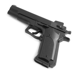 Photo of One black gun on white background, above view. Police equipment