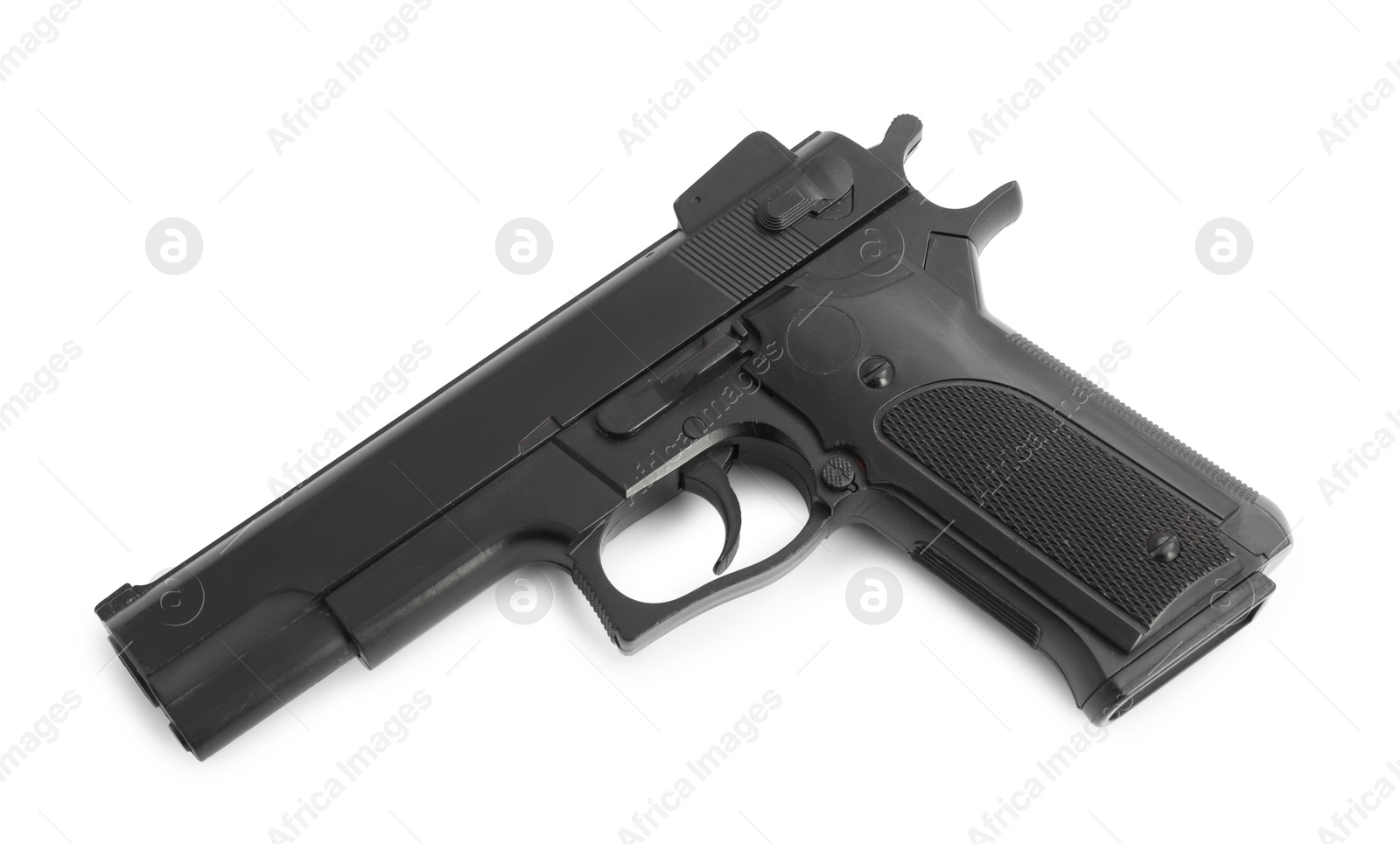 One black gun on white background, above view. Police equipment Photo of One black gun on white background, above view. Police equipment