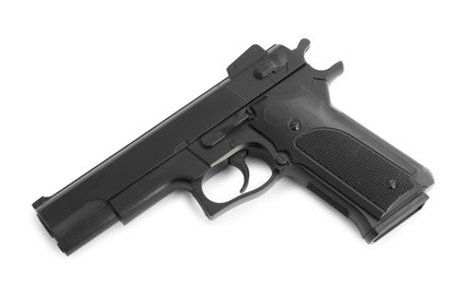 Photo of One black gun on white background, above view. Police equipment
