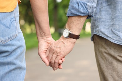 Photo of Lovely senior couple walking together outdoors, closeup