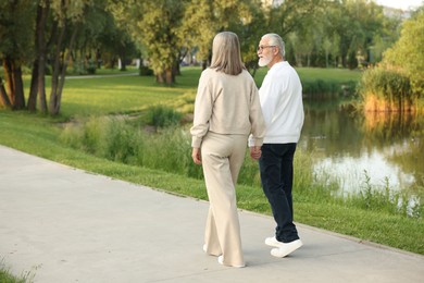 Photo of Lovely senior couple walking together near lake in park, space for text