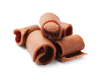 Photo of Tasty chocolate butter shavings isolated on white