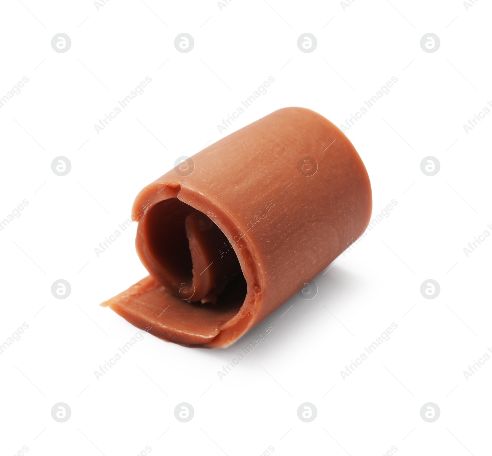 Tasty chocolate butter shaving isolated on white Photo of Tasty chocolate butter shaving isolated on white