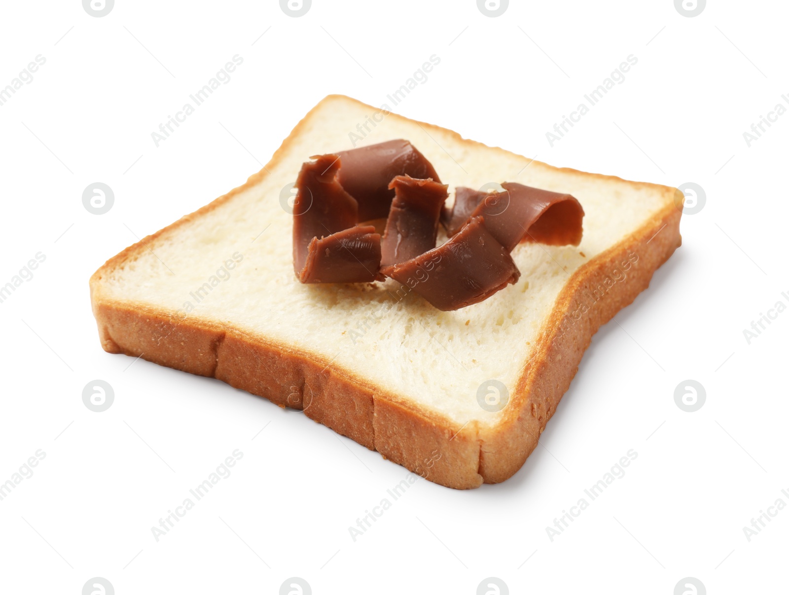 Bread slice with chocolate butter shavings isolated on white Photo of Bread slice with chocolate butter shavings isolated on white