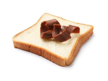 Photo of Bread slice with chocolate butter shavings isolated on white
