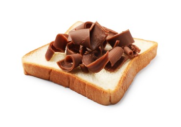 Photo of Bread slice with chocolate butter shavings isolated on white