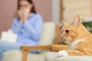 Photo of Woman suffering from allergy with her cat at home, selective focus