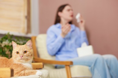 Photo of Woman suffering from allergy with her cat at home, selective focus