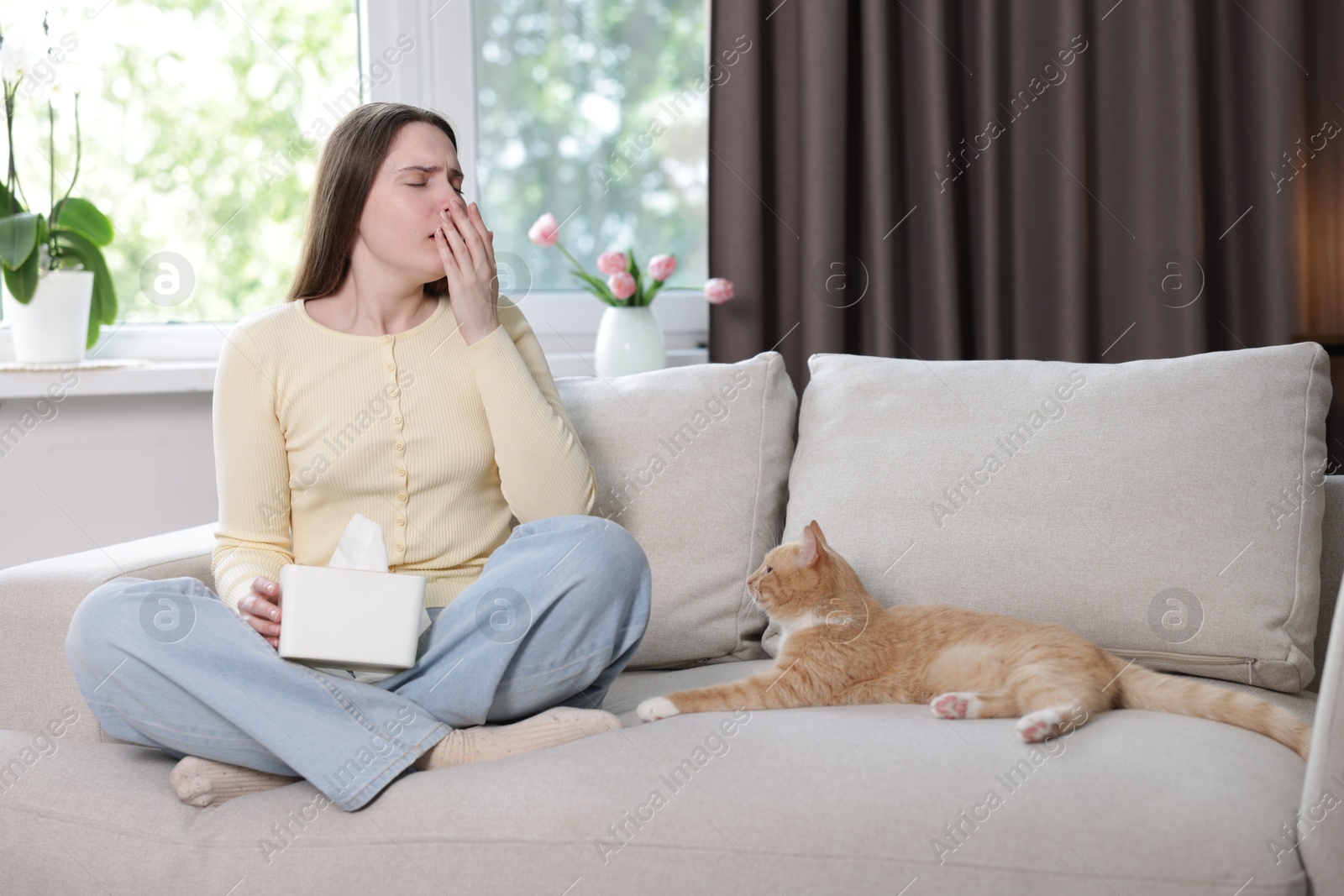 Woman suffering from allergy with her cat on sofa at home Photo of Woman suffering from allergy with her cat on sofa at home