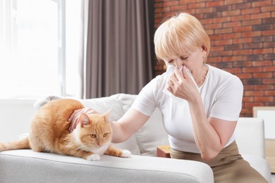 Photo of Senior woman suffering from allergy with her cat on sofa at home