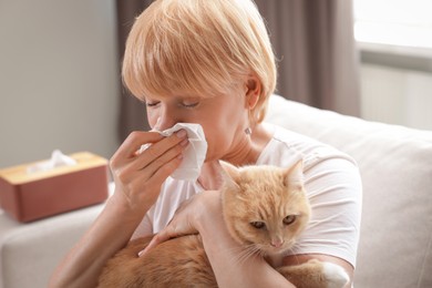 Photo of Senior woman suffering from allergy with her cat on sofa at home