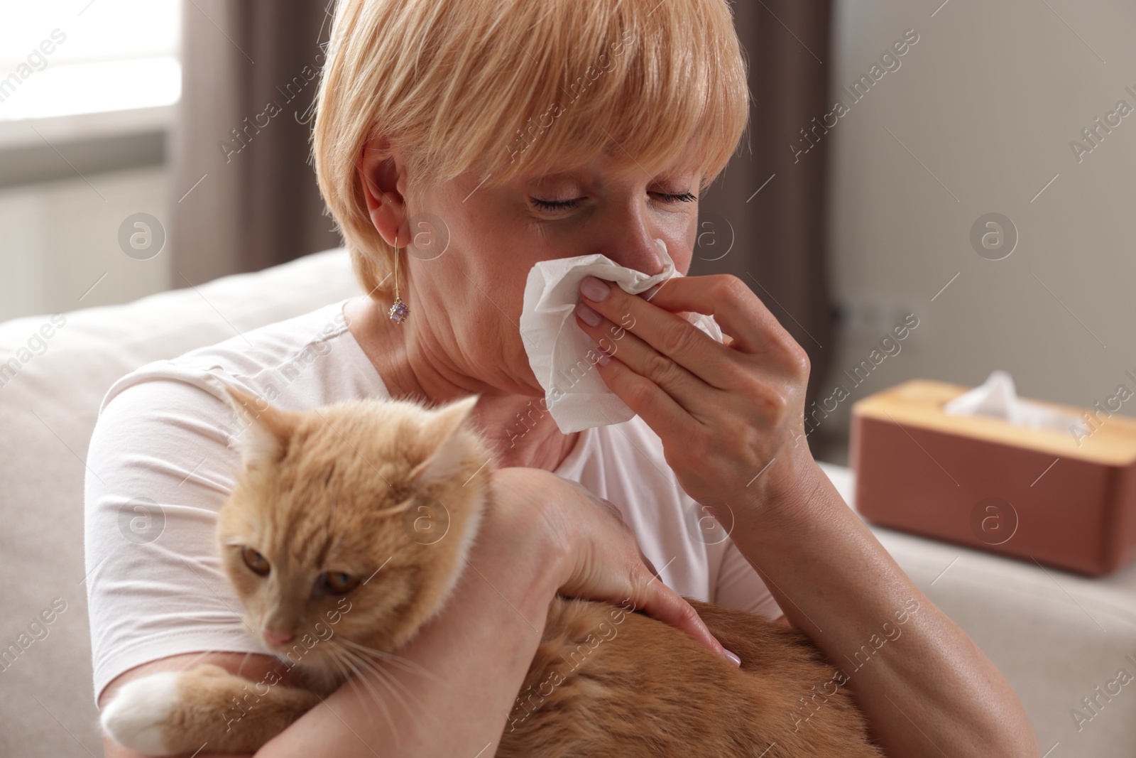 Senior woman suffering from allergy with her cat on sofa at home Photo of Senior woman suffering from allergy with her cat on sofa at home