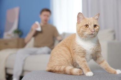Photo of Man suffering from allergy with his cat at home, selective focus