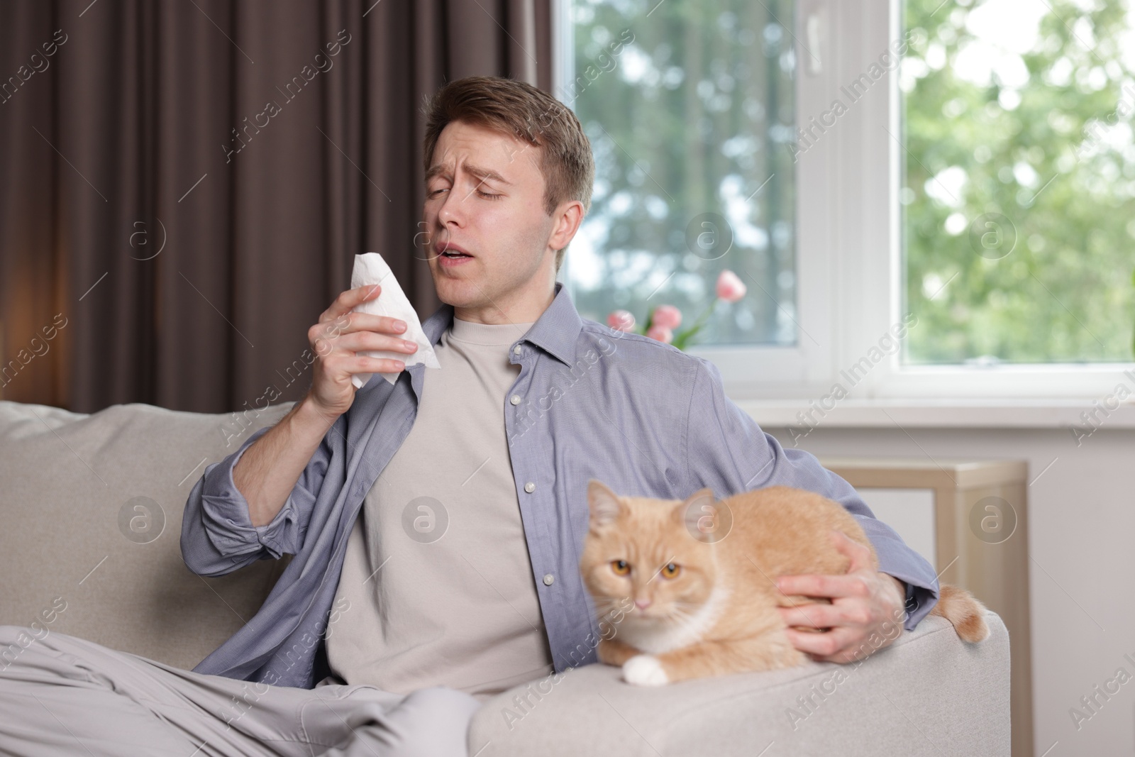 Photo of Man suffering from allergy with his cat on sofa at home