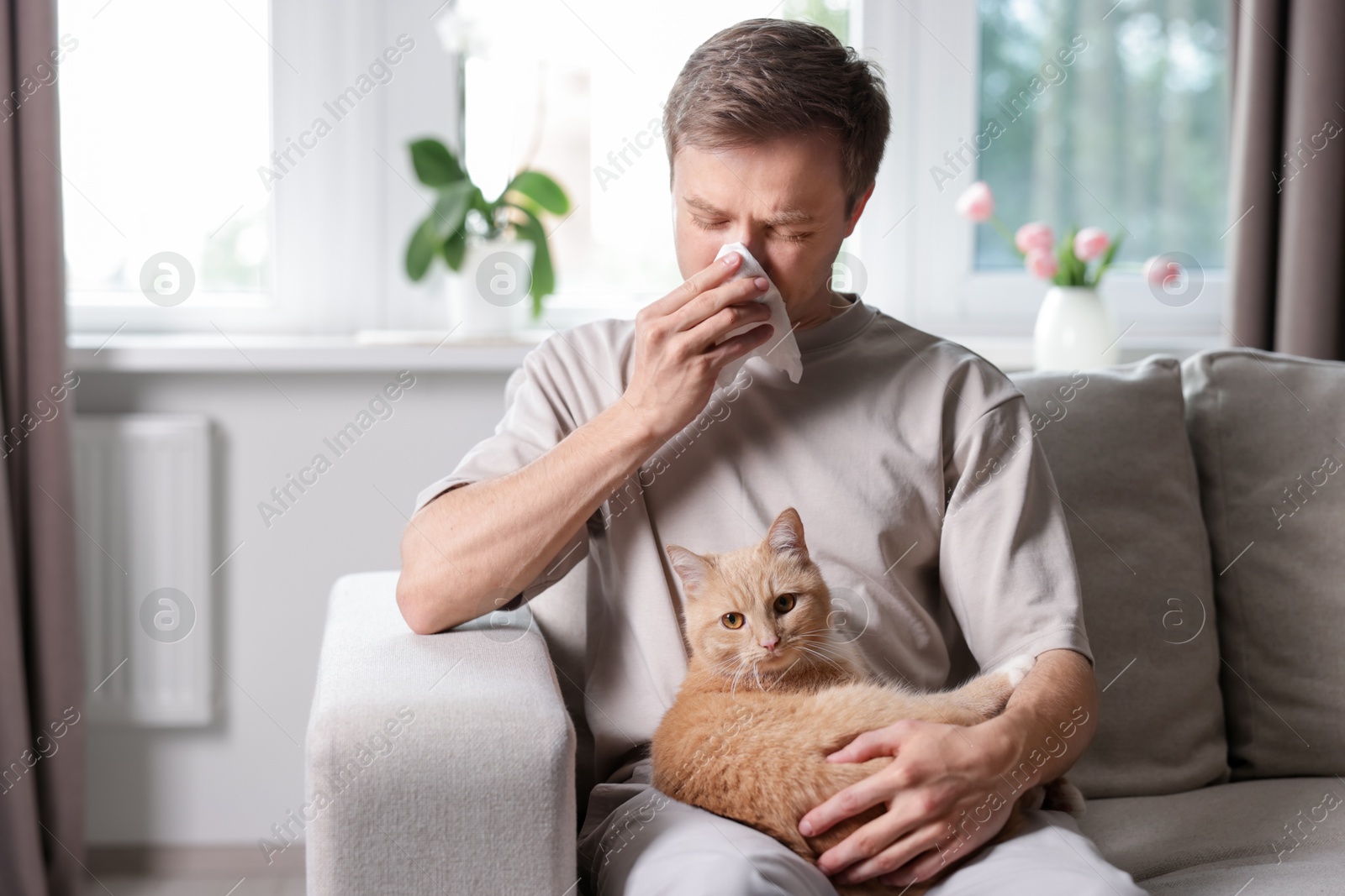 Man suffering from allergy with his cat on sofa at home Photo of Man suffering from allergy with his cat on sofa at home
