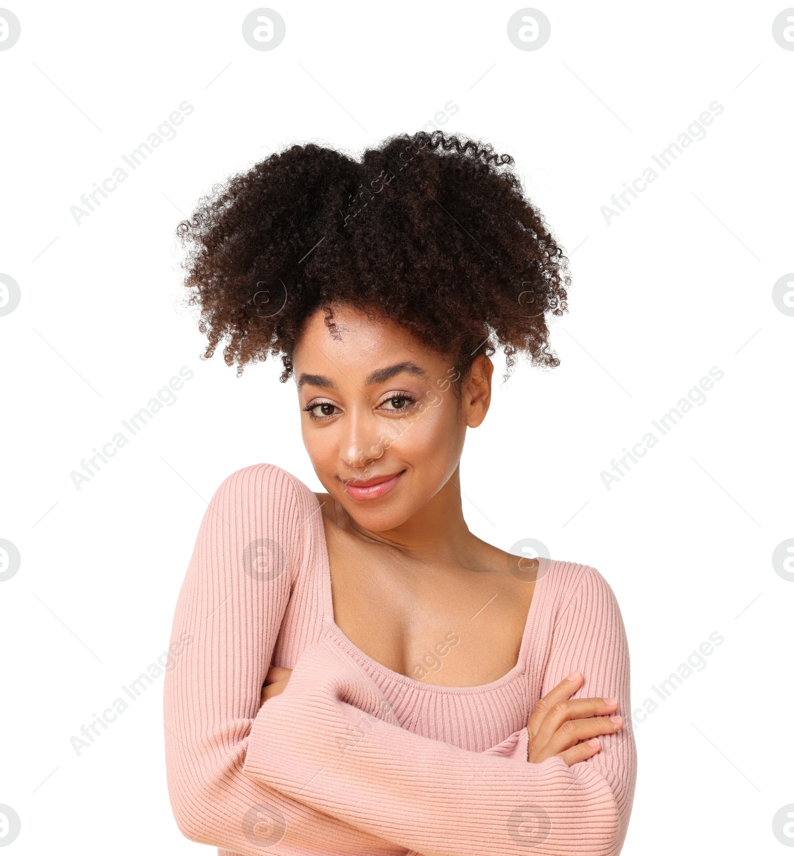 Portrait of beautiful Brazilian woman on white background Photo of Portrait of beautiful Brazilian woman on white background