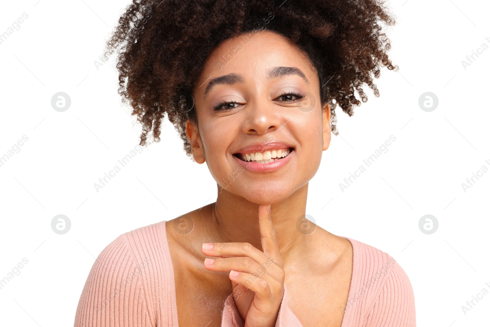 Portrait of beautiful Brazilian woman on white background Photo of Portrait of beautiful Brazilian woman on white background
