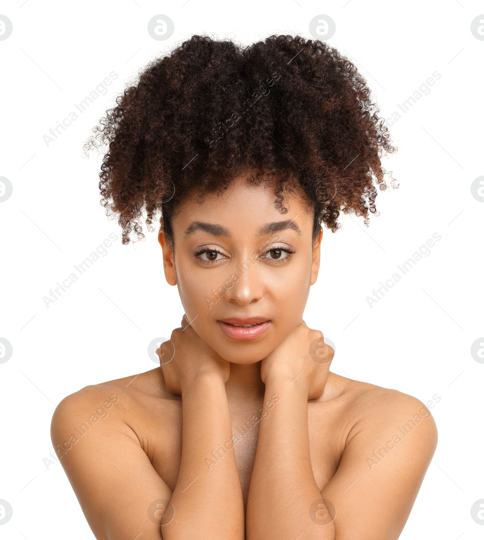 Portrait of beautiful Brazilian woman on white background Photo of Portrait of beautiful Brazilian woman on white background