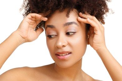 Photo of Portrait of beautiful Brazilian woman on white background, closeup