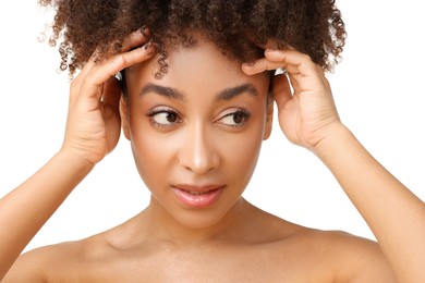Photo of Portrait of beautiful Brazilian woman on white background, closeup