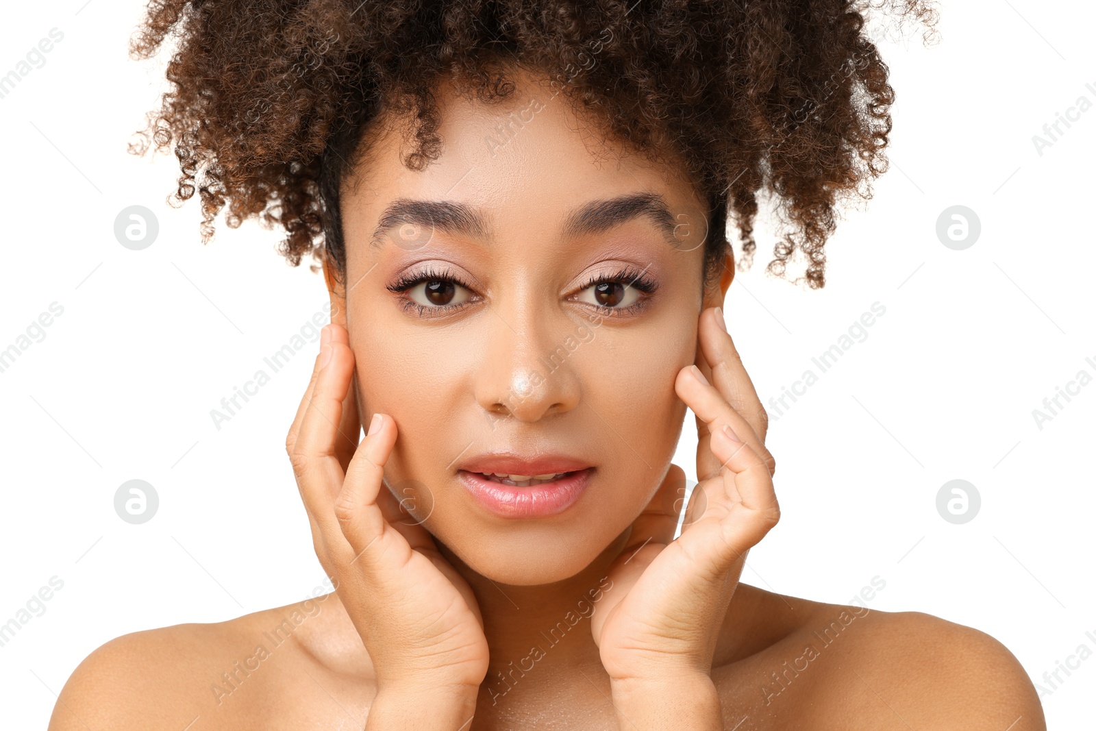 Portrait of beautiful Brazilian woman on white background, closeup Photo of Portrait of beautiful Brazilian woman on white background, closeup