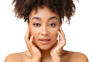 Photo of Portrait of beautiful Brazilian woman on white background, closeup