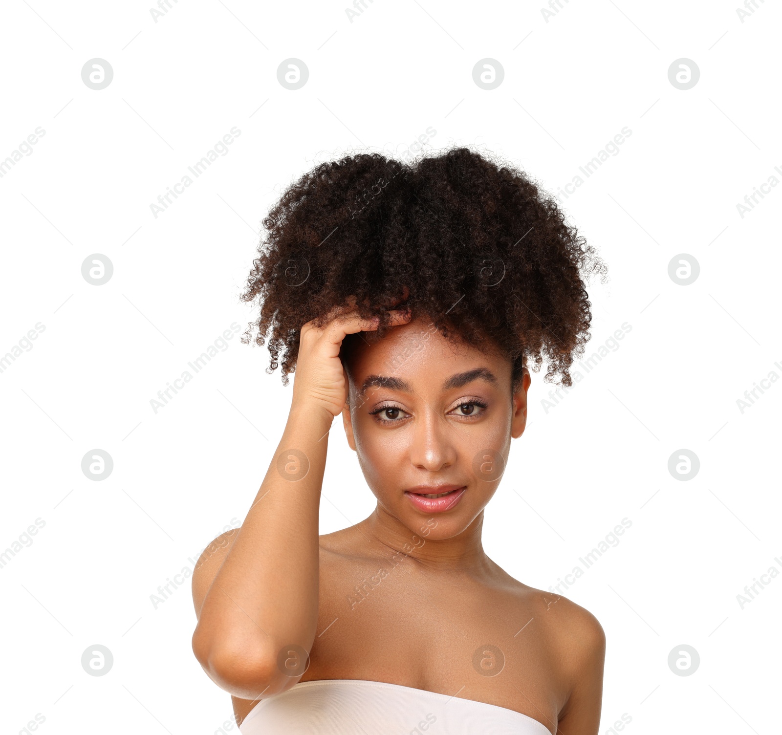 Portrait of beautiful Brazilian woman on white background Photo of Portrait of beautiful Brazilian woman on white background