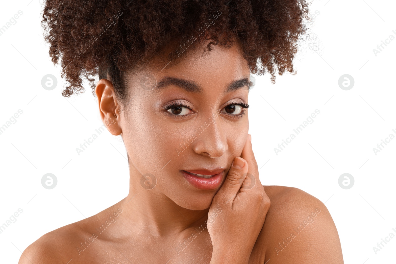 Portrait of beautiful Brazilian woman on white background, closeup Photo of Portrait of beautiful Brazilian woman on white background, closeup