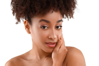Photo of Portrait of beautiful Brazilian woman on white background, closeup