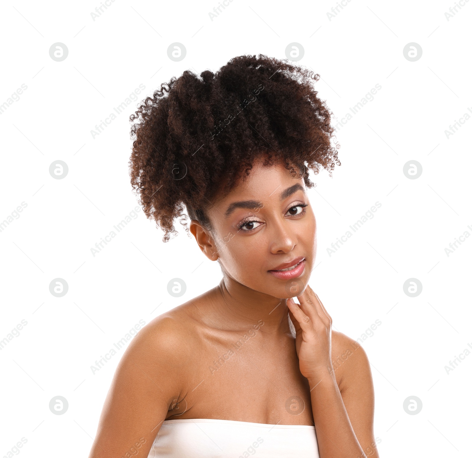 Portrait of beautiful Brazilian woman on white background Photo of Portrait of beautiful Brazilian woman on white background