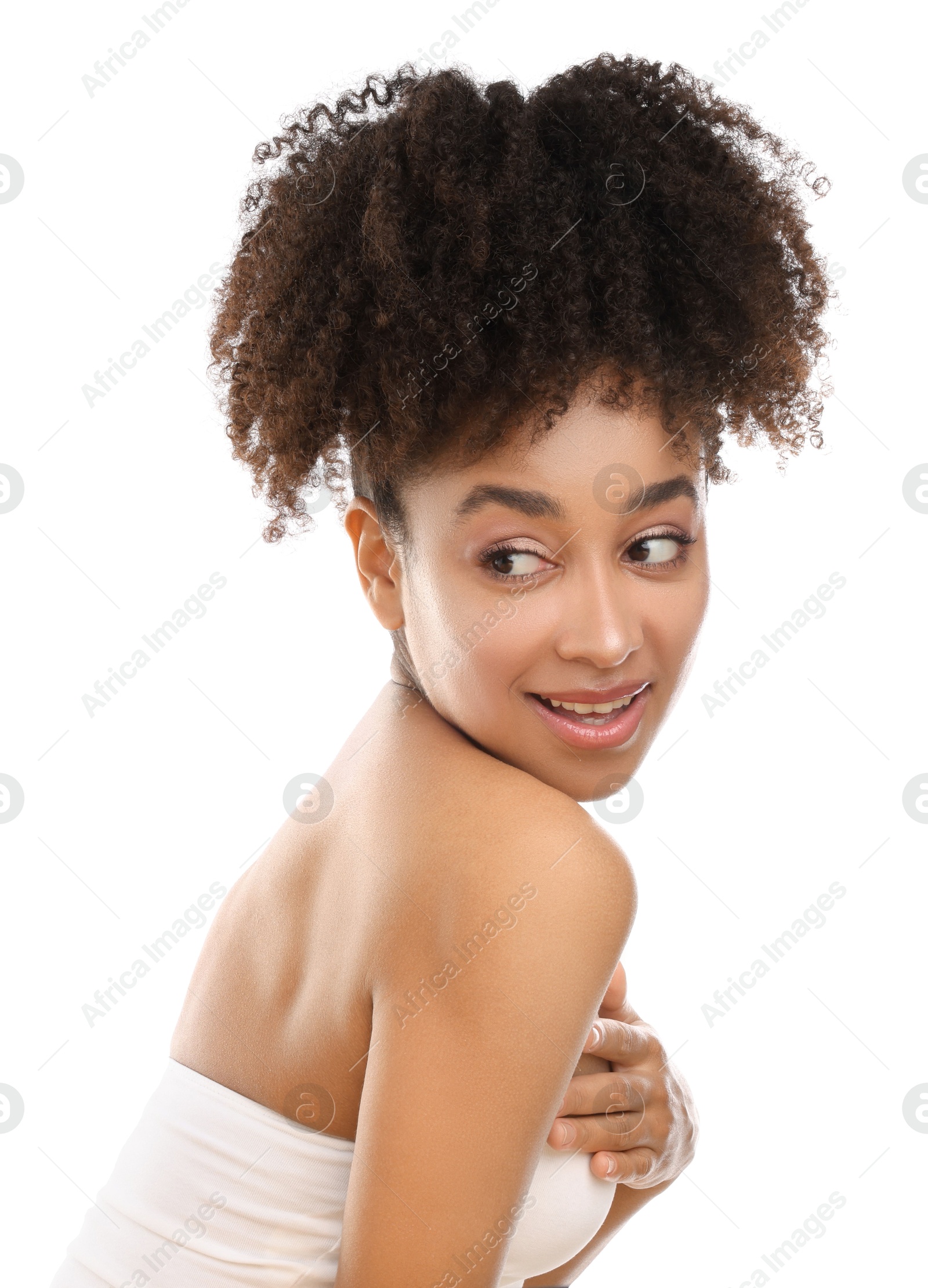 Portrait of beautiful Brazilian woman on white background Photo of Portrait of beautiful Brazilian woman on white background