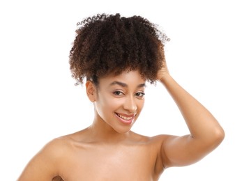 Photo of Portrait of beautiful Brazilian woman on white background
