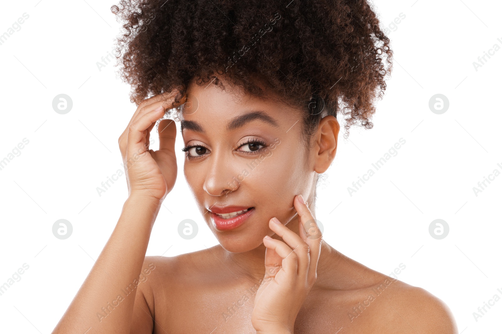 Portrait of beautiful Brazilian woman on white background, closeup Photo of Portrait of beautiful Brazilian woman on white background, closeup