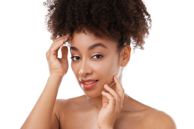 Photo of Portrait of beautiful Brazilian woman on white background, closeup