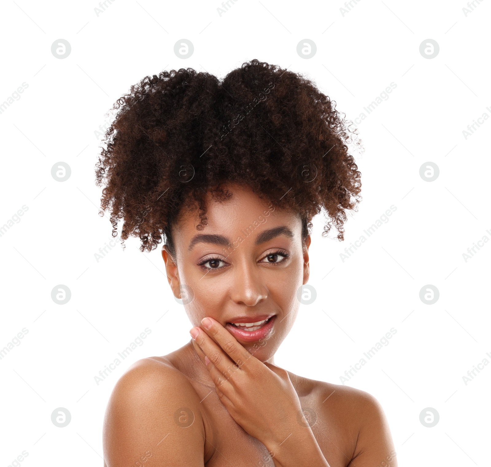 Portrait of beautiful Brazilian woman on white background Photo of Portrait of beautiful Brazilian woman on white background