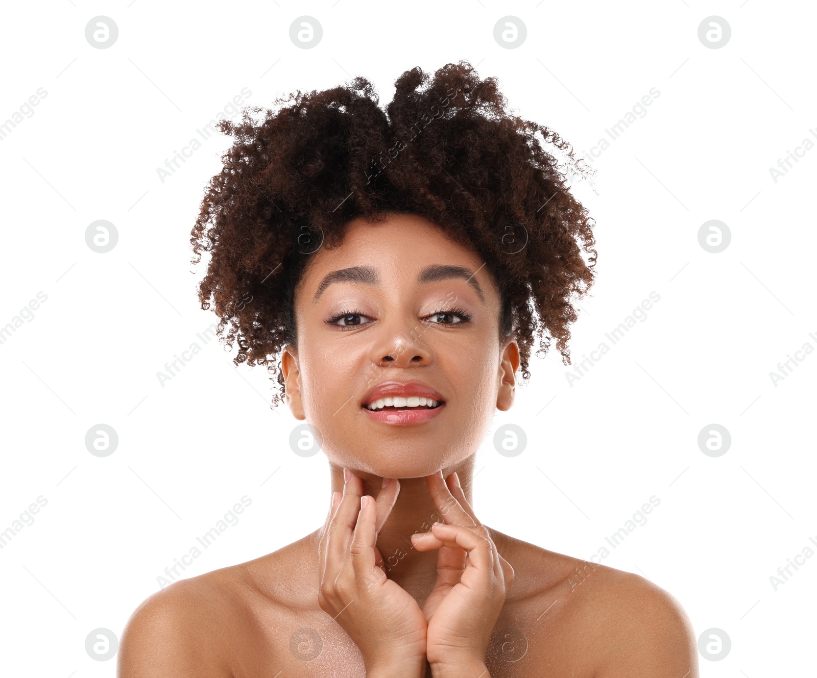 Portrait of beautiful Brazilian woman on white background Photo of Portrait of beautiful Brazilian woman on white background