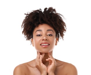 Photo of Portrait of beautiful Brazilian woman on white background