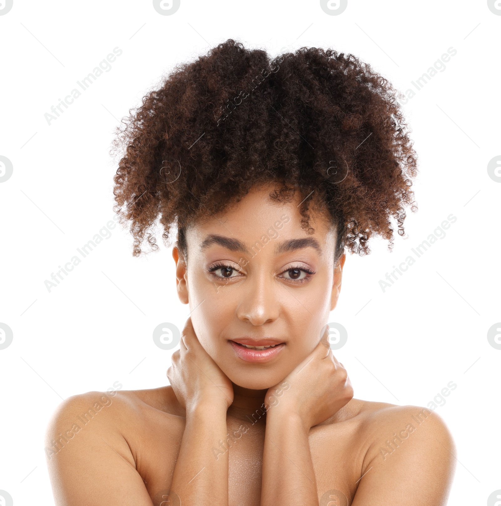Portrait of beautiful Brazilian woman on white background Photo of Portrait of beautiful Brazilian woman on white background