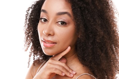 Photo of Portrait of beautiful Brazilian woman on white background, closeup