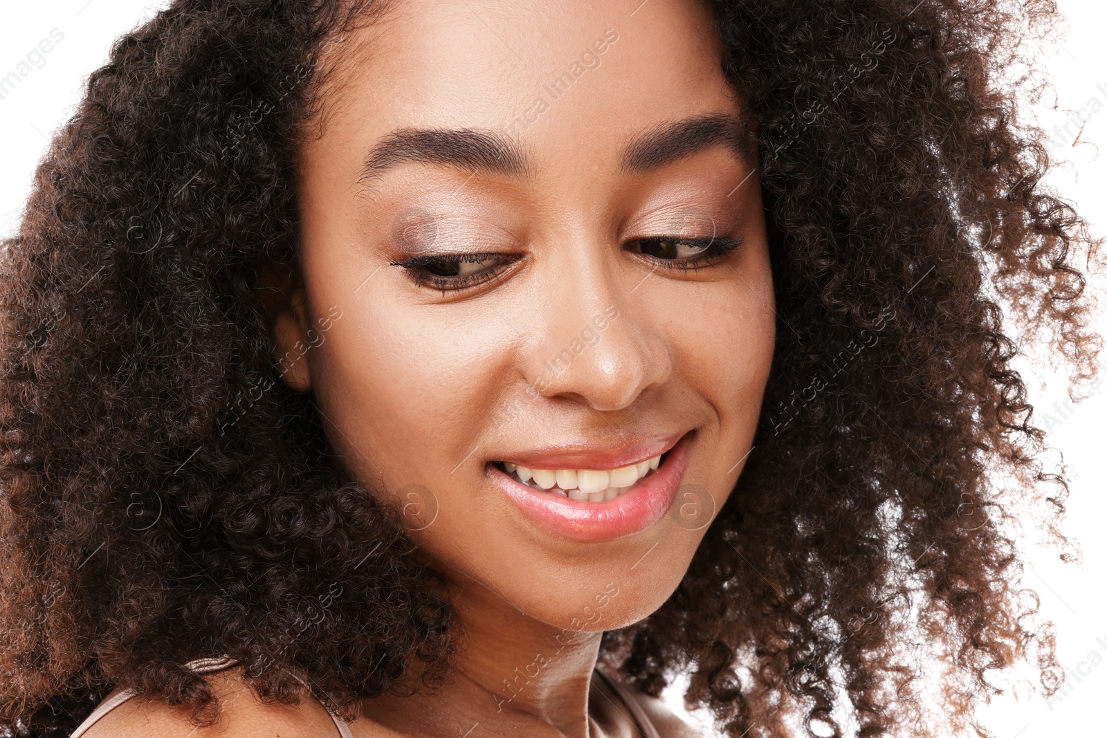 Portrait of beautiful Brazilian woman on white background, closeup Photo of Portrait of beautiful Brazilian woman on white background, closeup